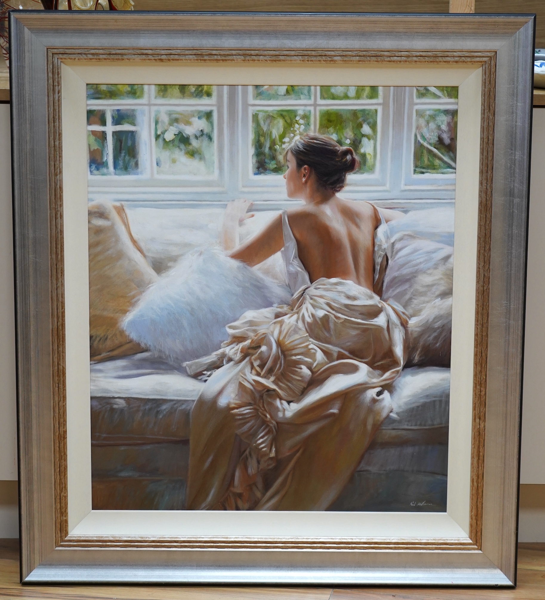 Rob Hefferan (b.1968), oil on canvas, Study of a woman before a window, signed, 72 x 60cm